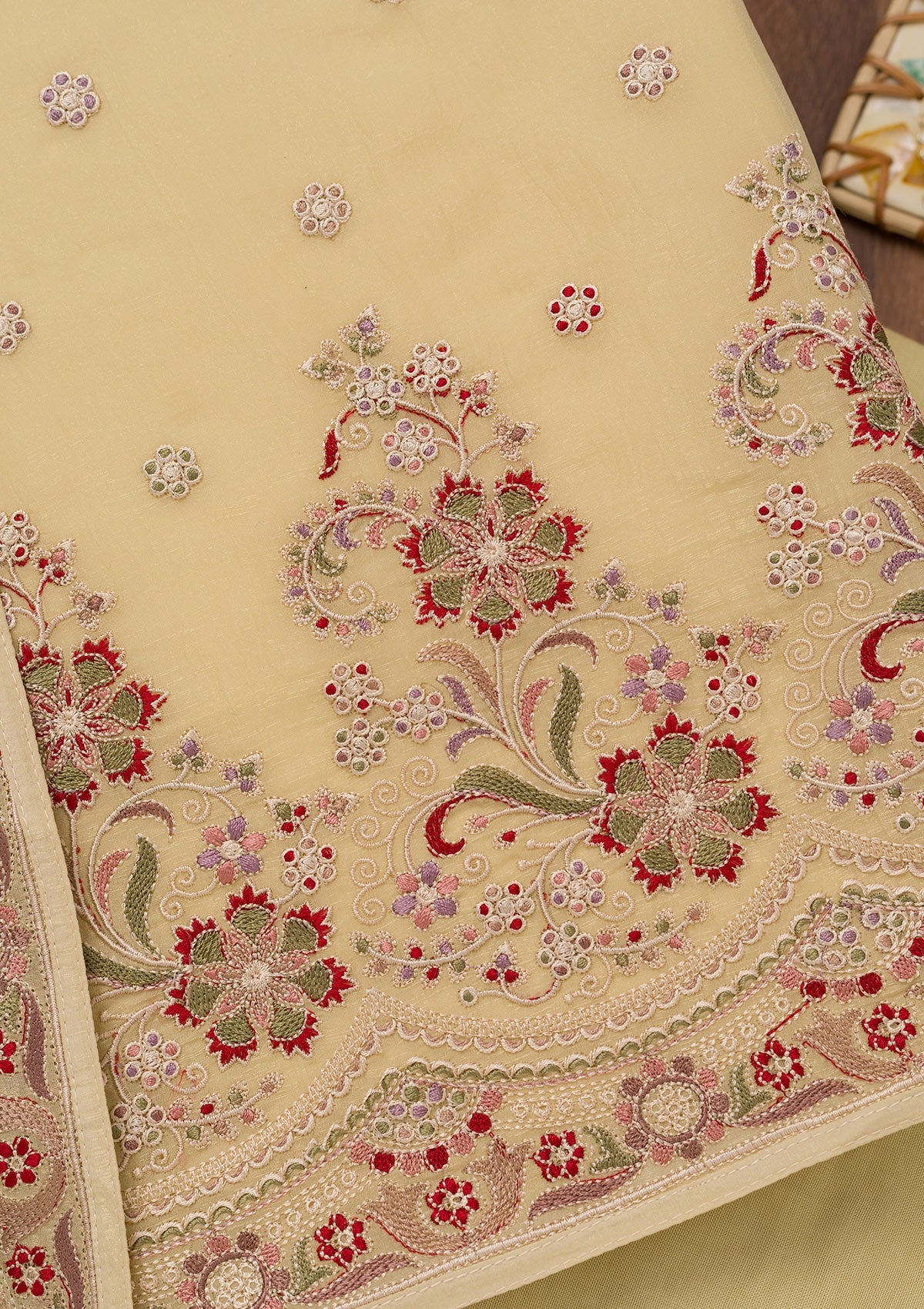 Lemon Yellow Threadwork Semi Crepe Unstitched Salwar Suit