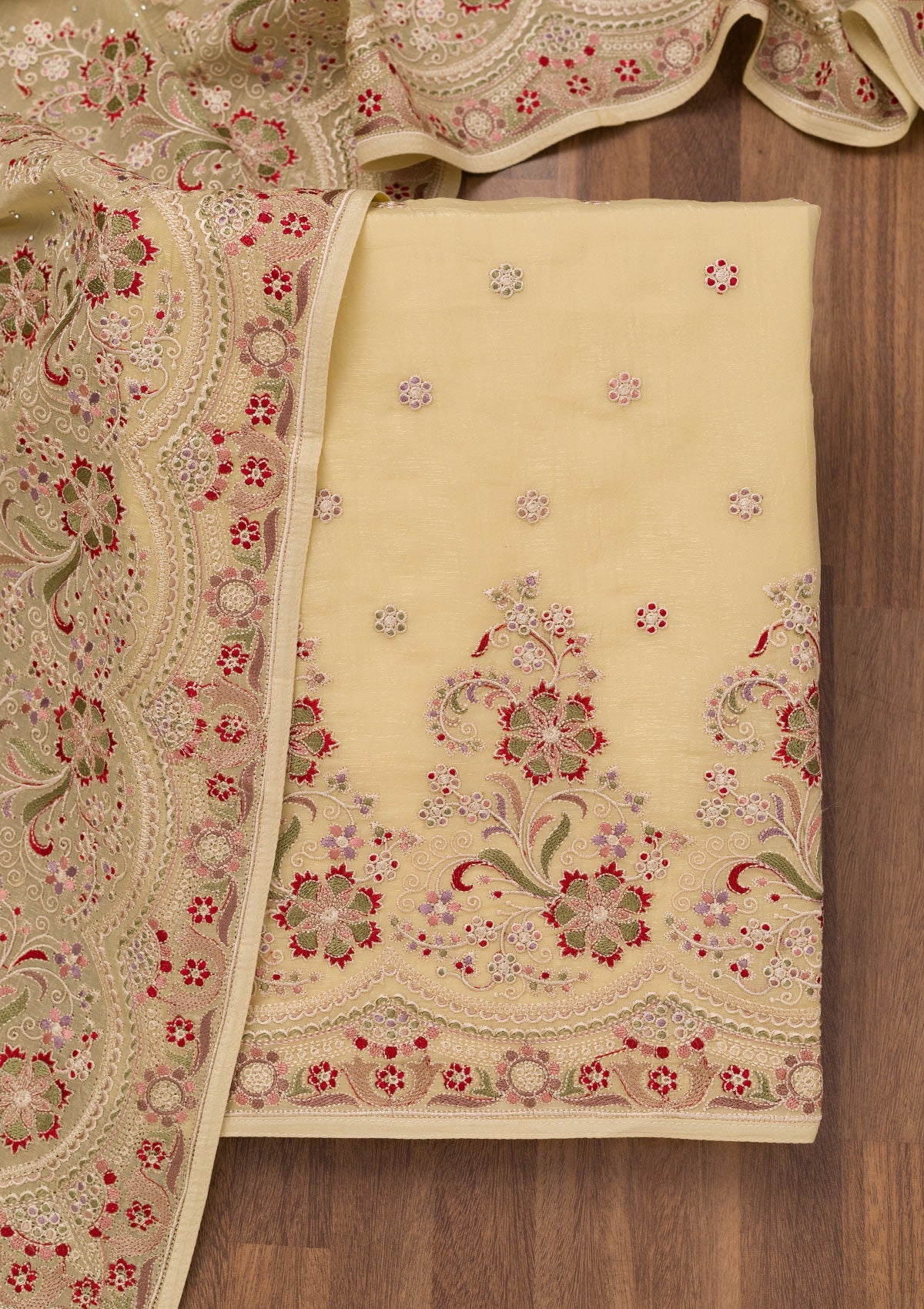 Lemon Yellow Threadwork Semi Crepe Unstitched Salwar Suit