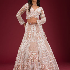 Light Brown Pearlwork Net Readymade Lehenga
