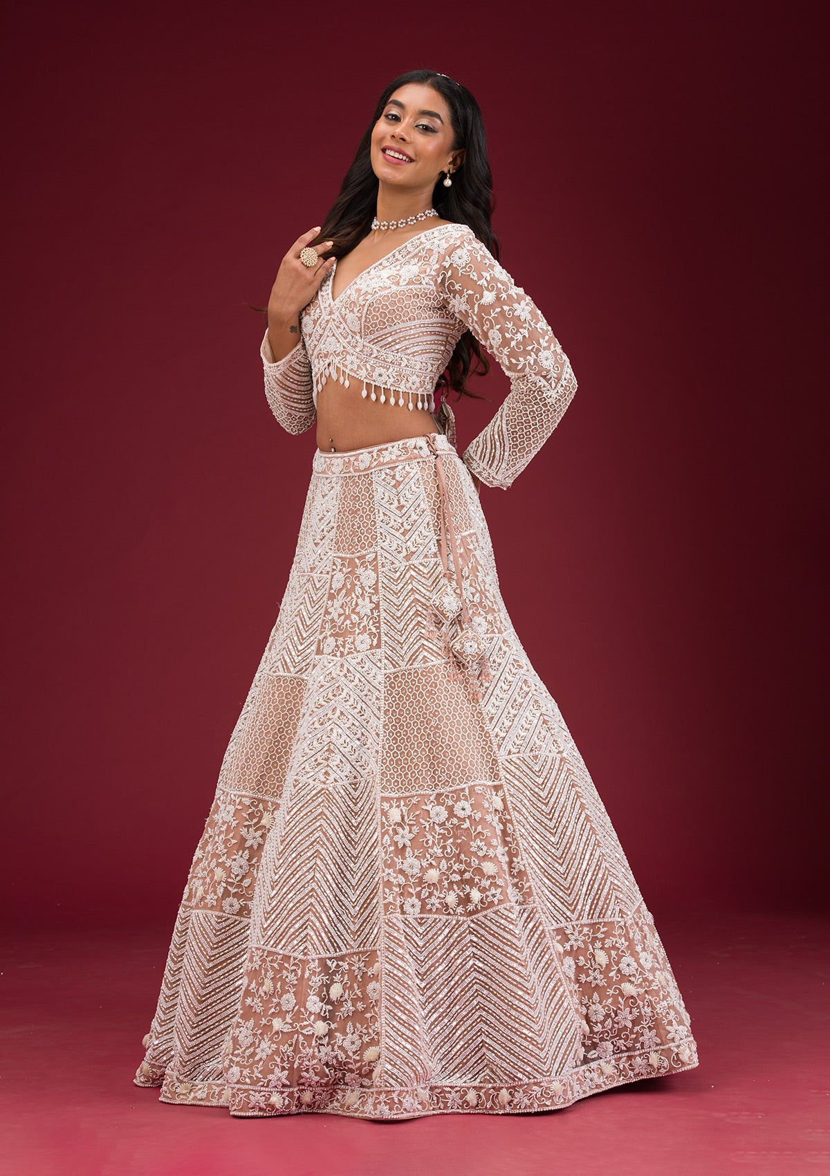 Light Brown Pearlwork Net Readymade Lehenga