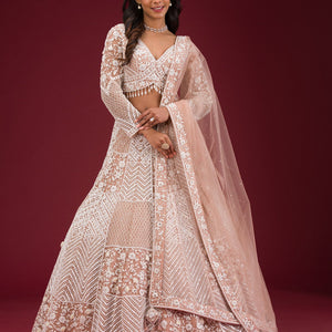 Light Brown Pearlwork Net Readymade Lehenga
