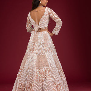 Light Brown Pearlwork Net Readymade Lehenga