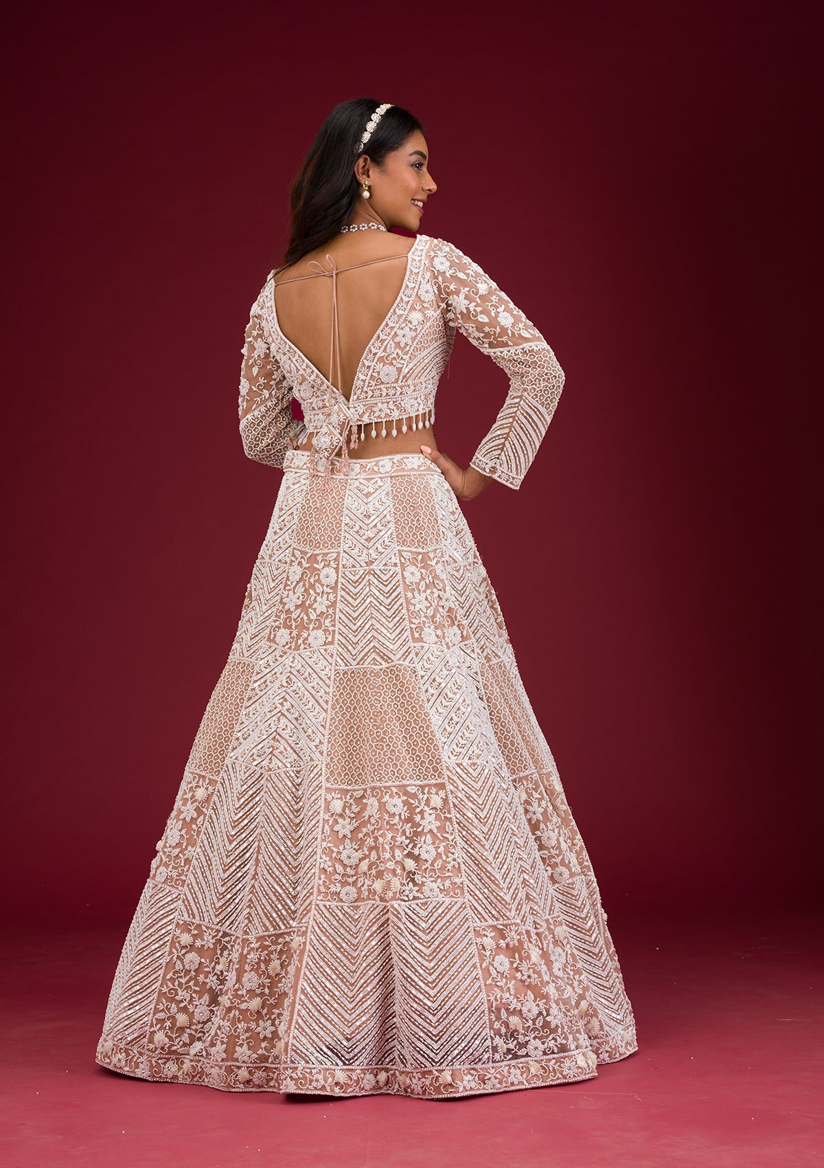 Light Brown Pearlwork Net Readymade Lehenga