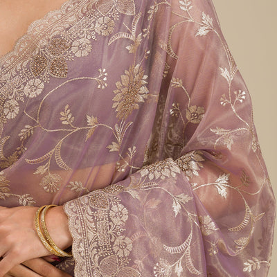 Light Brown Zariwork Tissue Saree