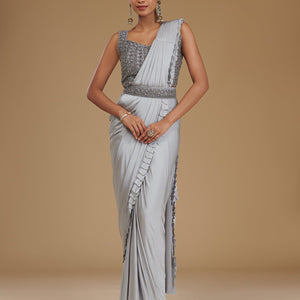 Light Grey Pearlwork Satin Readymade Saree