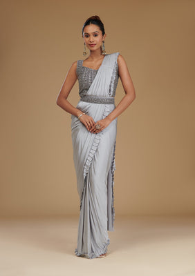 Light Grey Pearlwork Satin Readymade Saree
