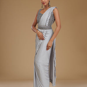 Light Grey Pearlwork Satin Readymade Saree