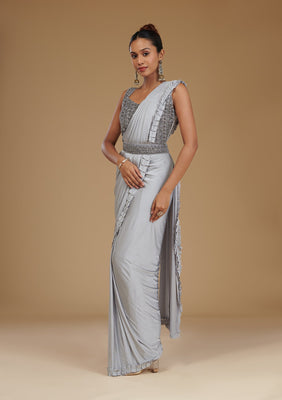 Light Grey Pearlwork Satin Readymade Saree