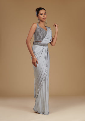 Light Grey Pearlwork Satin Readymade Saree