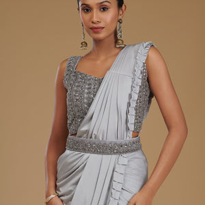 Light Grey Pearlwork Satin Readymade Saree