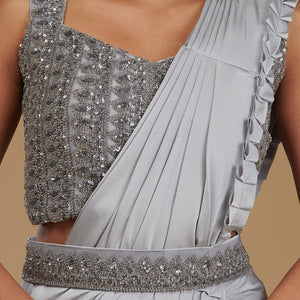 Light Grey Pearlwork Satin Readymade Saree