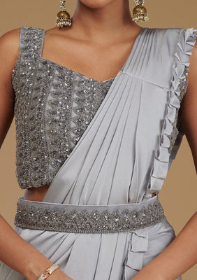 Light Grey Pearlwork Satin Readymade Saree