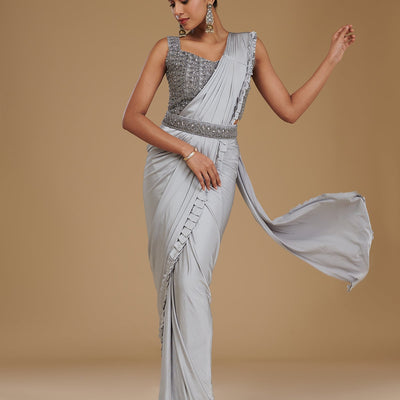 Light Grey Pearlwork Satin Readymade Saree