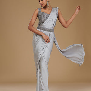 Light Grey Pearlwork Satin Readymade Saree