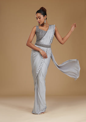 Light Grey Pearlwork Satin Readymade Saree