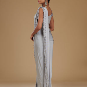 Light Grey Pearlwork Satin Readymade Saree