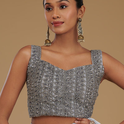 Light Grey Pearlwork Satin Readymade Saree