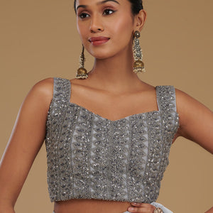 Light Grey Pearlwork Satin Readymade Saree
