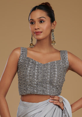 Light Grey Pearlwork Satin Readymade Saree