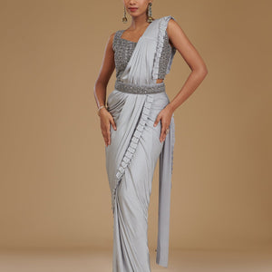 Light Grey Pearlwork Satin Readymade Saree