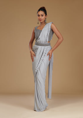 Light Grey Pearlwork Satin Readymade Saree