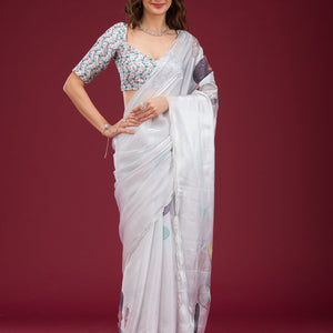 Light Grey Printed Tissue Saree