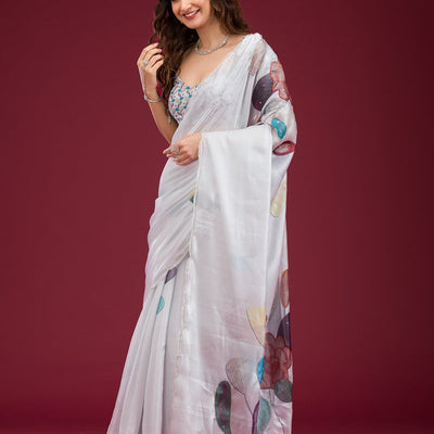 Light Grey Printed Tissue Saree