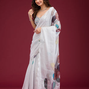 Light Grey Printed Tissue Saree