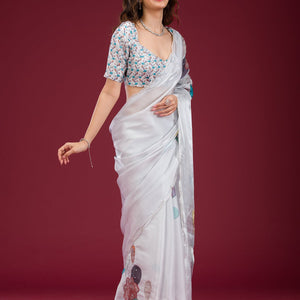 Light Grey Printed Tissue Saree