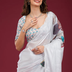 Light Grey Printed Tissue Saree