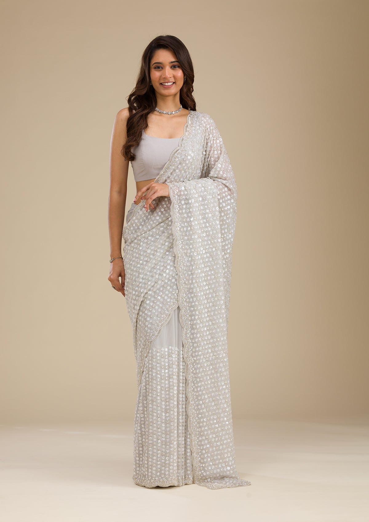 Light Grey Sequins Georgette Saree