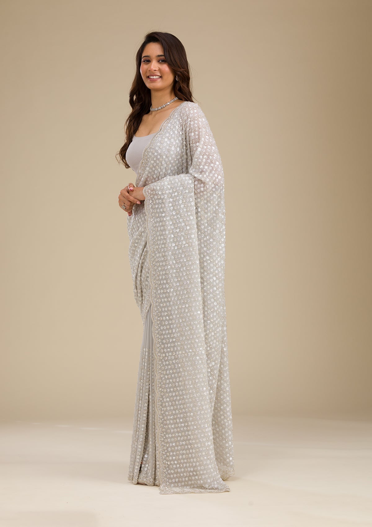 Light Grey Sequins Georgette Saree