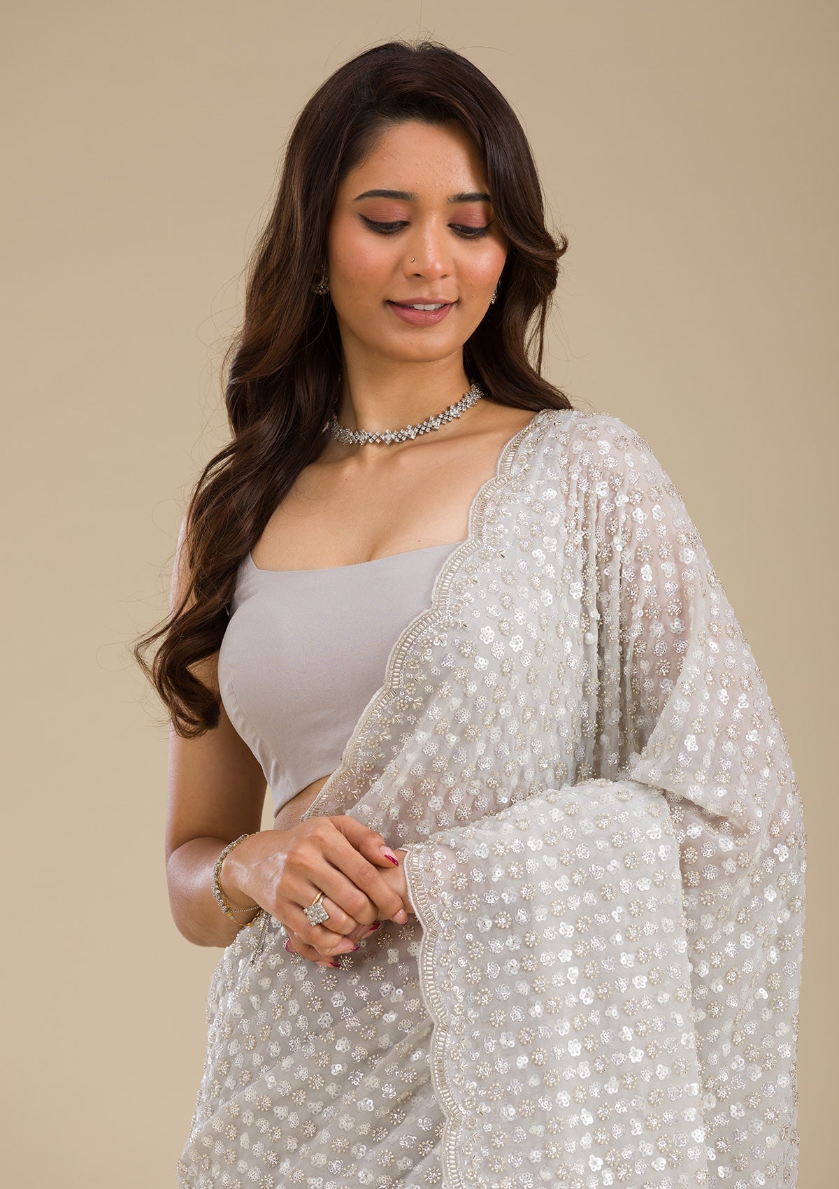 Light Grey Sequins Georgette Saree
