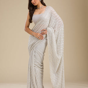 Light Grey Sequins Georgette Saree