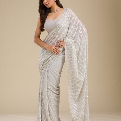 Light Grey Sequins Georgette Saree