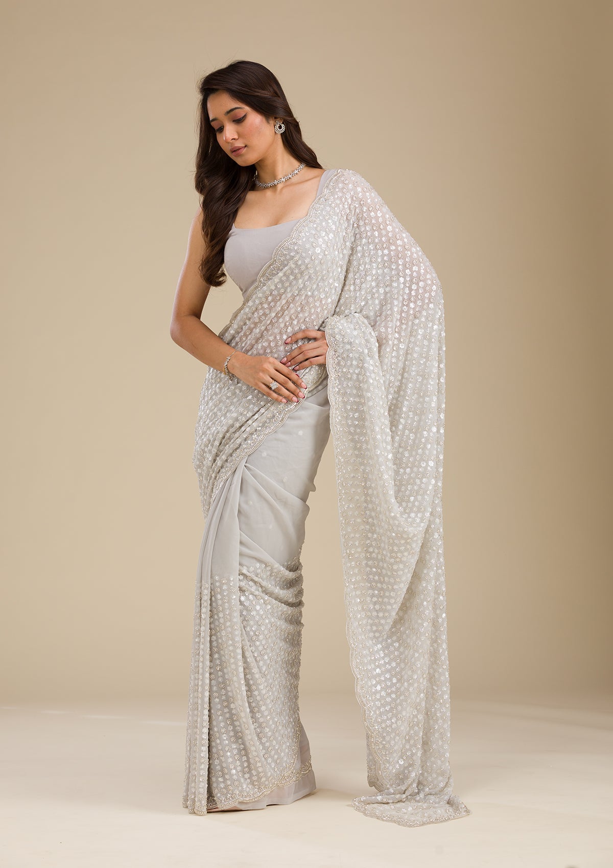 Light Grey Sequins Georgette Saree