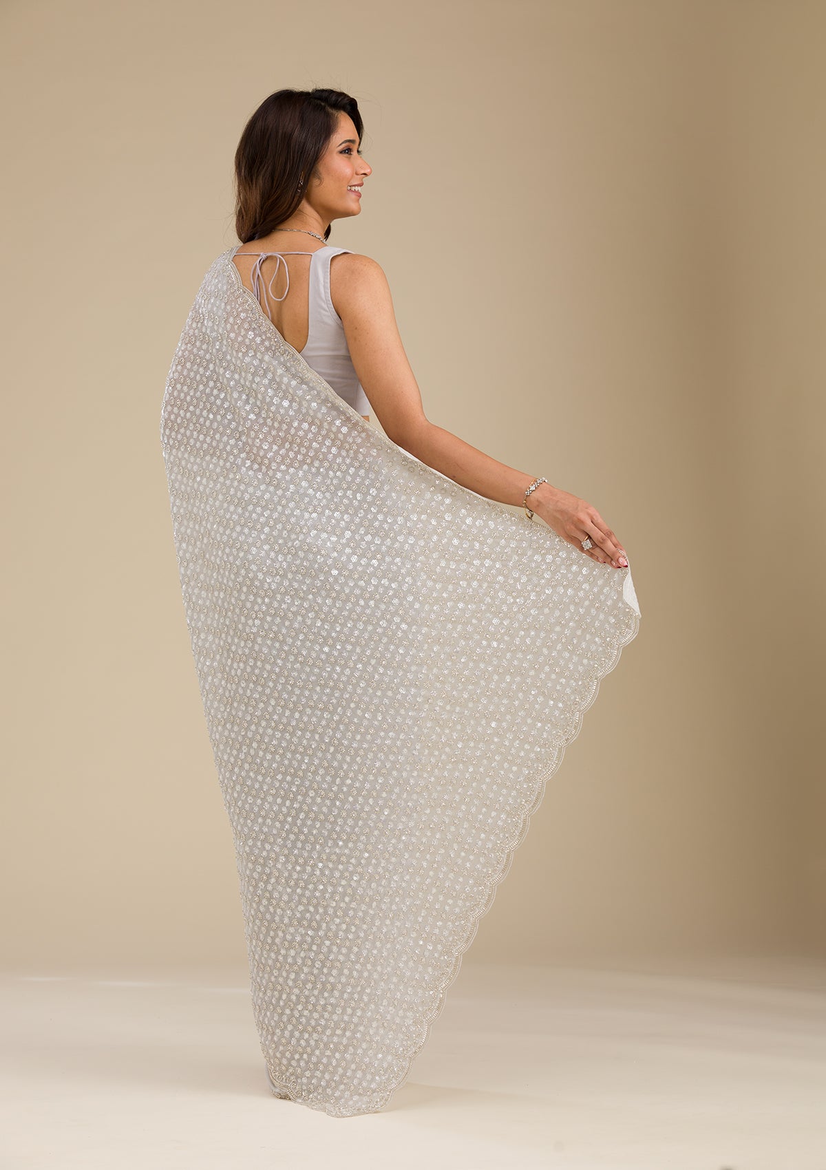 Light Grey Sequins Georgette Saree