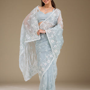 Light Grey Sequins Tissue Saree