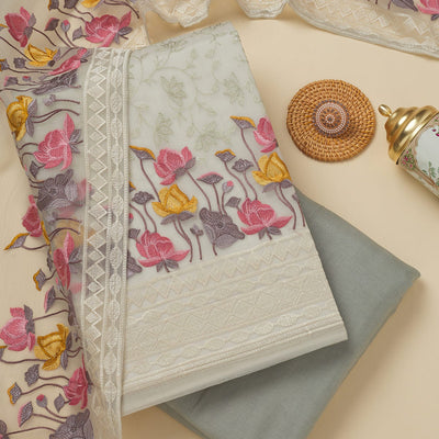 Light Grey Threadwork Organza Unstitched Salwar Suit