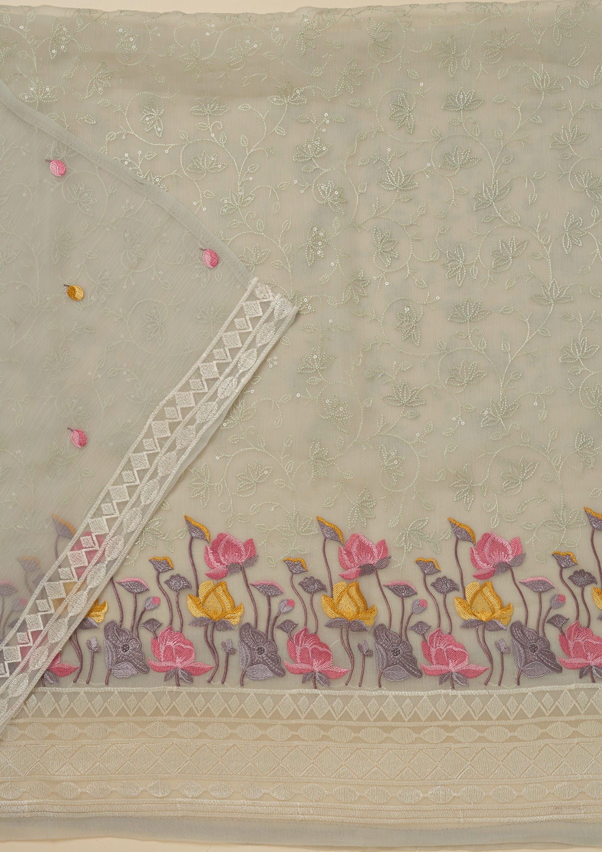 Light Grey Threadwork Organza Unstitched Salwar Suit