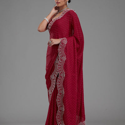 Maroon Swarovski Satin Saree