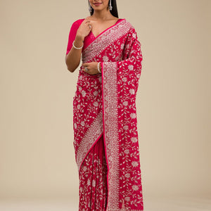Maroon Threadwork Georgette Saree