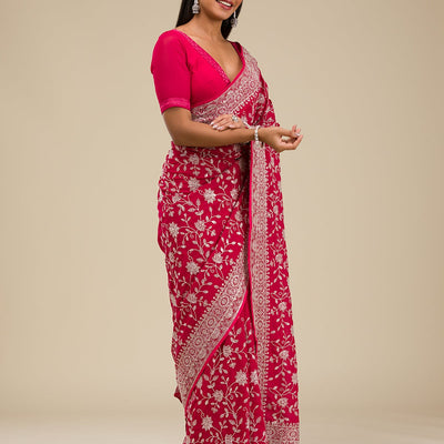 Maroon Threadwork Georgette Saree