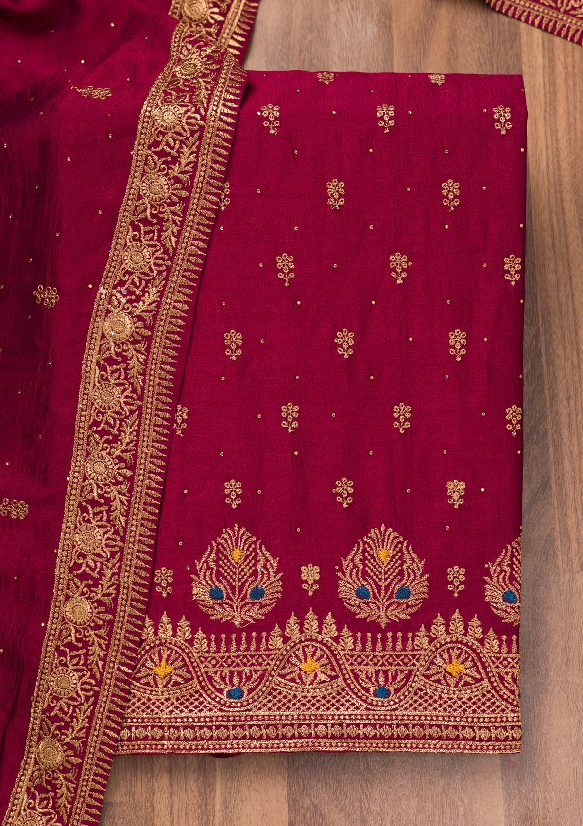 Maroon Zariwork Raw Silk Unstitched Salwar Suit