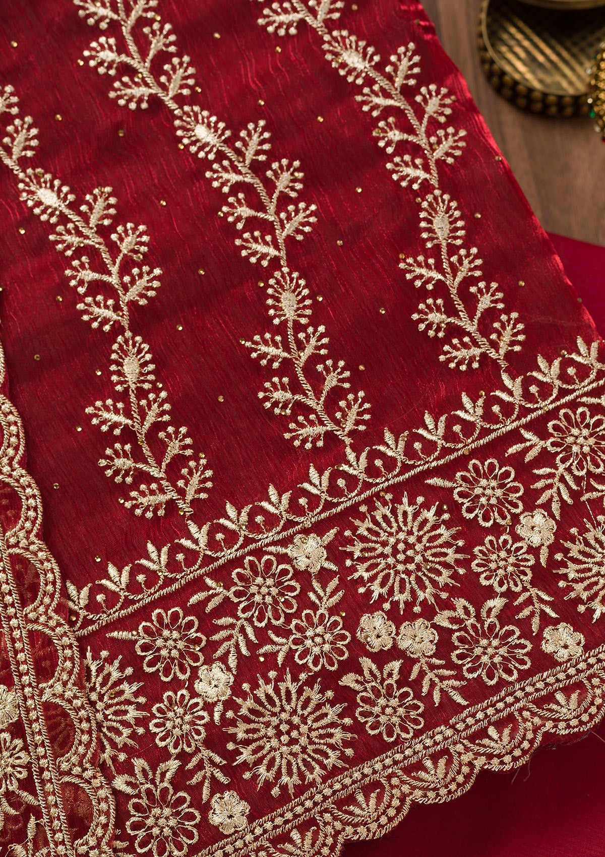 Maroon Zariwork Semi Crepe Unstitched Salwar Suit