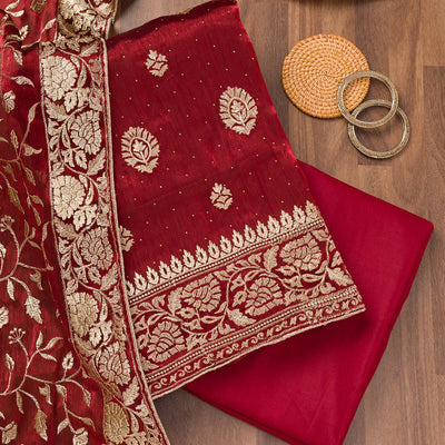 Maroon Zariwork Semi Crepe Unstitched Salwar Suit