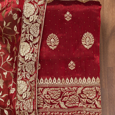 Maroon Zariwork Semi Crepe Unstitched Salwar Suit