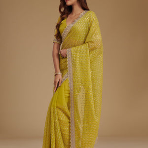 Mehendi Cutdana Chiffon Saree