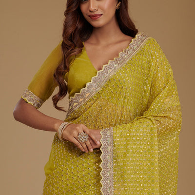 Mehendi Cutdana Chiffon Saree