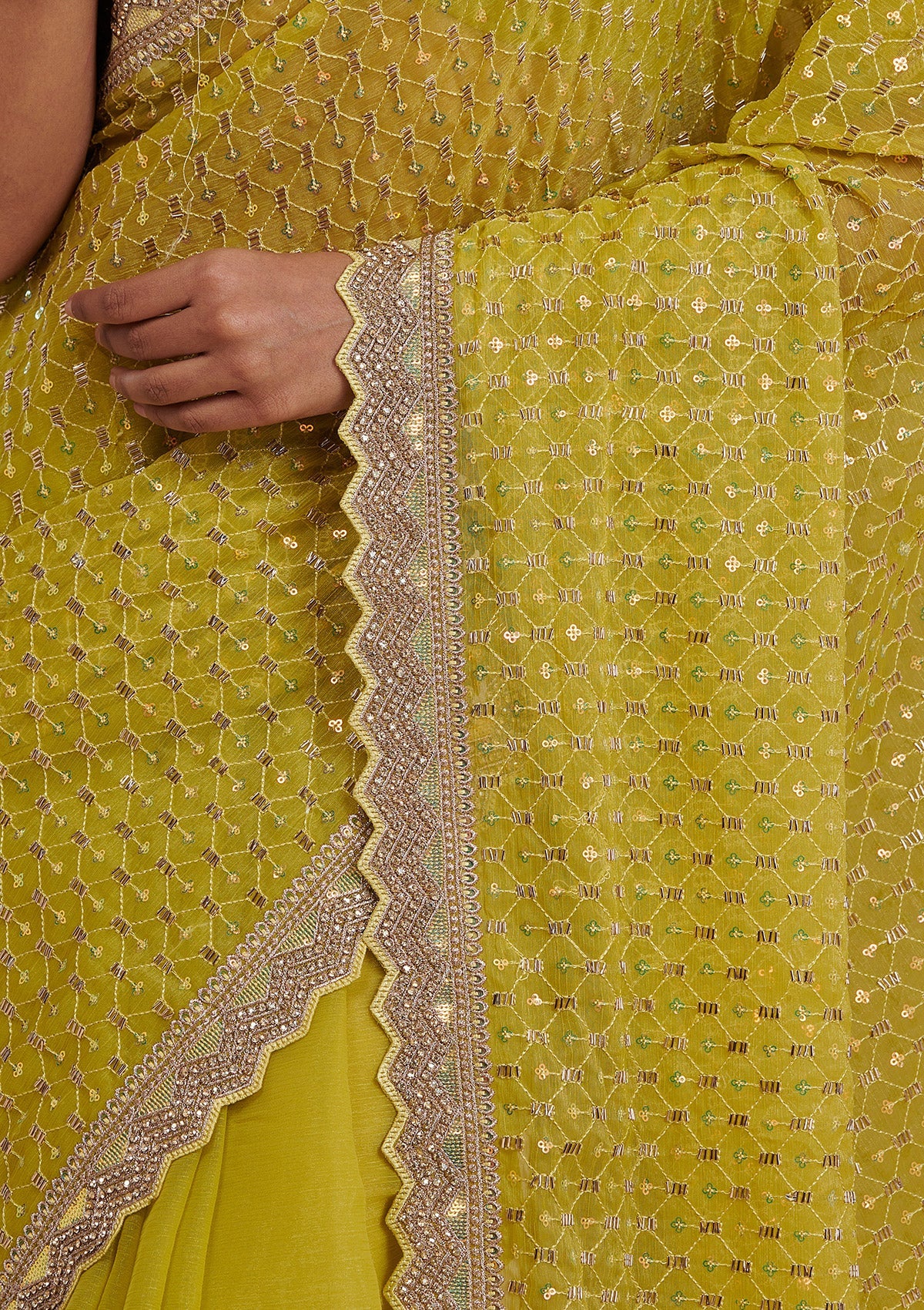 Mehendi Cutdana Chiffon Saree